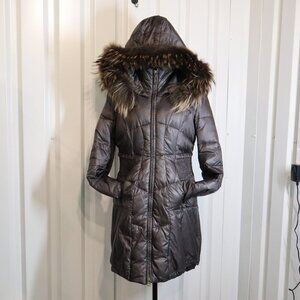 Creenstone Womens Puffer Coat Black Lined Hooded Raccoon Trim Hood Size 38/6